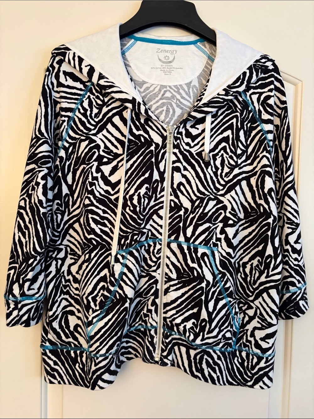 Zenergy Black & White Zebra Print Hooded Zip Jacket with Teal Stitching